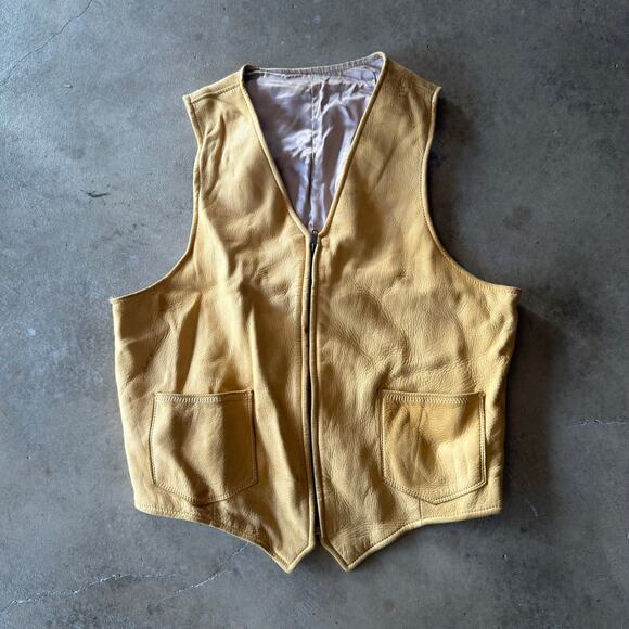 VINTAGE 60S LEATHER TAN ZIP UP VEST COAT TALON ZIPPER WESTERN FITS MENS SMALL - Picture 1 of 6